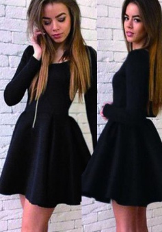 A-Line Scoop Long Sleeves Short Black Satin Homecoming Dress