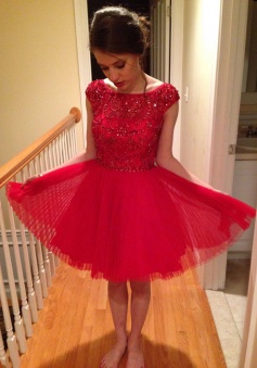 Bateau Cap Sleeves Above-knee A-line Tulle Red Homecoming Dresses Beaded