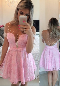 A-line Mini Lace Short Sleeves Pink Homecoming Dress With Belt Beading