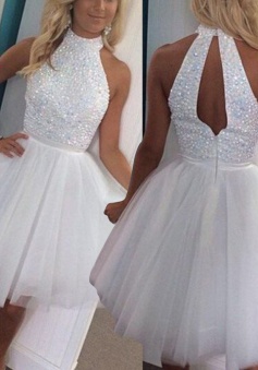 A-Line High Neck Open Back White Short Tulle Homecoming Dress with Beading