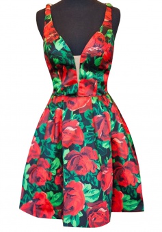 A-line Deep V-neck Short Satin Sleeveless Flowers Print Backless Homecoming Dress