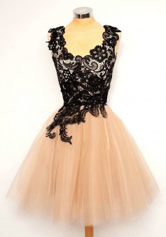 Elegant A-line Scalloped-Edge Black Lace Short Tulle Homecoming Dress