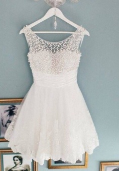 A-Line Bateau Short Ivory Lace Homecoming Dress with Pearls Ruched