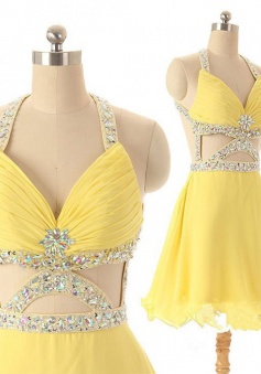 Dramatic A-line V-neck Short Chiffon Backless Daffodil Homecoming Dress with Rhinestone