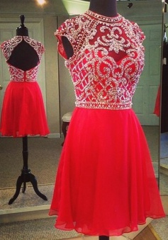 A-line High Neck Short Chiffon Cap Sleeves Beaded Backless Red Homecoming Dress