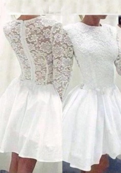 A-Line Jewel Long Sleeves White Short Lace Homecoming Party Dress