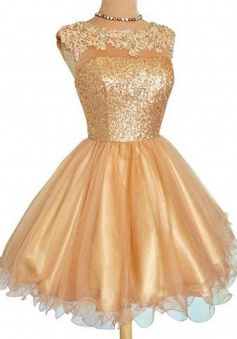 Elegant A-line Scoop Organza Sequin Gold Short Homecoming Party Dress