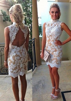 Sexy Column High Neck Sleeveless Mini Lace Appliques Homecoming Party Dress