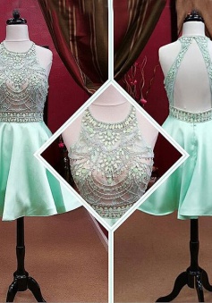 A-line Scoop Short Backless Sleeveless Mint Prom/Homecoming Dress with Beaded