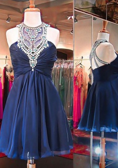 A-Line Round Neck Open Back Short Dark Blue Chiffon Homecoming Dress with Beading