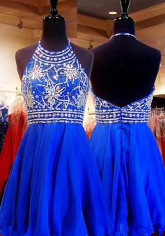 A-line Halter Short Chiffon Beaded Backless Royal Blue Homecoming Party Dress