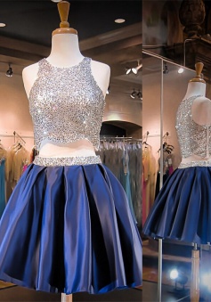 Sparkling Two-pieces Scoop Sliver Sequin Short Blue Homecoming Dress Prom Gowns