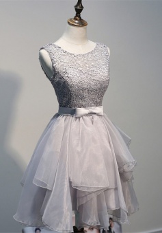 A-line Scoop Backless Short Grey Organza Homecoming Dress with Appliques Bowknot