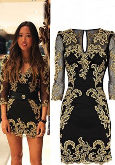 New Arrival Gold Embroidery Long Sleeves Short /Mini Black Homecoming Dresses Prom Gowns CHHD-7106
