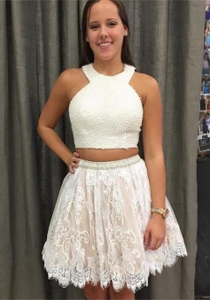 Two Piece Crew Pear Lace Short White Homecoming Prom Dress with Appliques