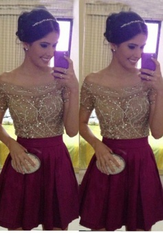 A-line Off-the-shoulder Short Chiffon Beaded Short Sleeves Burgundy Prom Homecoming Dress