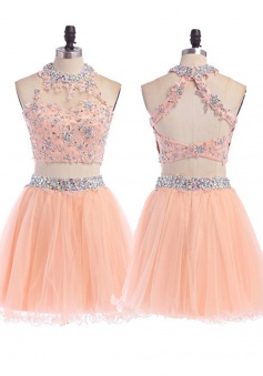 A-Line Short Open Back Pink Tulle Homecoming Dress With Appliques Beading