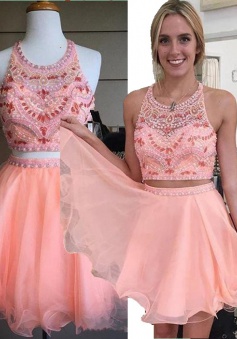 Two Piece A-line Halter Knee-Length Chiffon Beaded Backless Pink Party Homecoming Dress