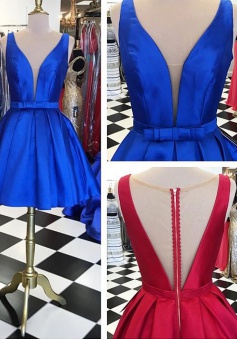 A-line Knee-Length V-neck Satin Short Red/Blue Homecoming Dress with Ribbon