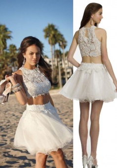 Two Piece Jewel Lace Top White Tulle Homecoming/Cocktail Dress