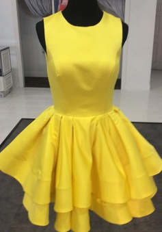 A-line Jewel Short Satin Ruched Sleeveless Yellow Homecoming Dress