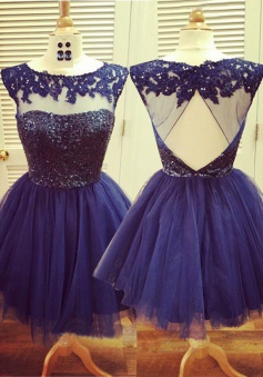 Cute Shot Royal Blue  Homecoming Dress - Scoop Lace Applique Open Back