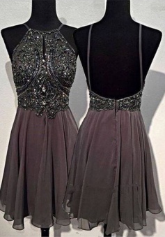 A-line Round Neck Chiffon  Beaded Short Grey Backless Prom Homecoming Dress