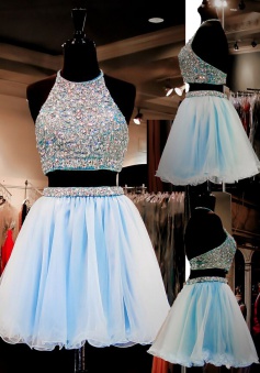 Two Piece A-line Halter Organza Beaded Short Light Blue Homecoming Dress