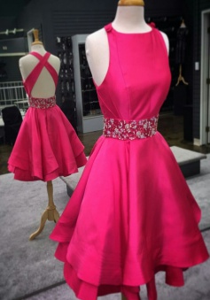 A-line Jewel Satin Criss-Cross Straps Beaded Short Hot Pink Homecoming Dress