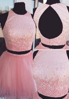 New-arrival Two-piece Short Pink Backless Homecoming Dress with Pearl 