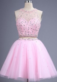 Two Piece A-line Tulle Short Open Back Sequins Pink Homecoming Dress