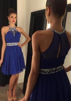 A-line Halter Above-knee Chiffon Backless Royal Blue Prom Homecoming Dress with Rhinestones