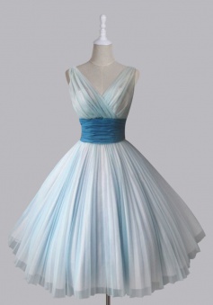 Ball Gown V-neck Tea-Length Chiffon Ruched Sash Light Blue Homecoming Dress