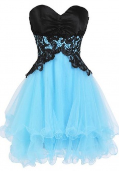 A-line Sweetheart Tulle Lace-up Short Blue Homecoming Dress with Black Appliques