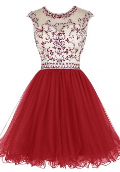 A-line Jewel Short Cap Sleeves Tulle Open Back Red Homecoming Dress with Rhinestones