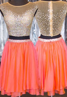 Two Piece Jewel Short Chiffon Beaded Cap Sleeves Orange Homecoming Dress