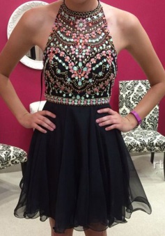 Sexy Halter Sleeveless Short Black Homecoming Dress with Beading Rhinestones