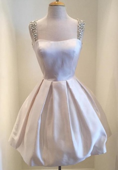 A-line Square Short Satin Ivory Sleeveless Homecoming Dress with Beaded