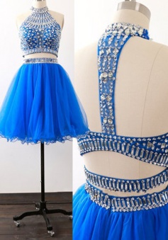 Stylish Two Piece Short Sleeveless Royal Blue Homecoming Dress with Beading