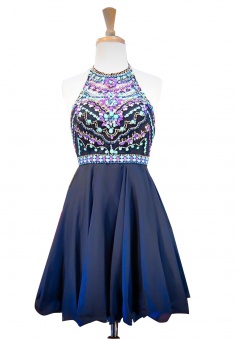 Sexy Halter Short Illusion Back Dark Navy Homecoming Dress with Beading