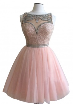 Sweet Bateau Sleeveless Short Pink Homecoming Dress with Beading Sequins