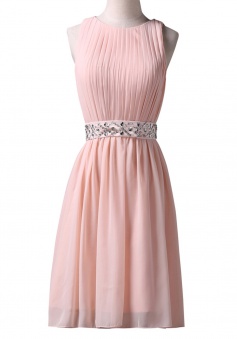 Elegant Jewel Knee-Length Sleeveless Pink Homecoming Dress with Beading Waist Pleats