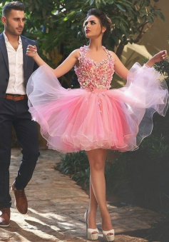 Gorgeous Halter Open Back Short Organza Peach Homecoming Dress with Appliques Beading Bowknot