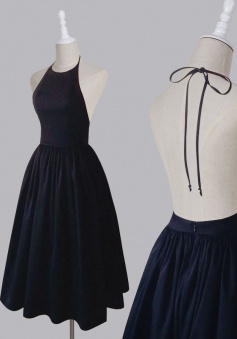 Simple Halter Sleeveless Tea-Length Open Back Dark Navy Homecoming Dress