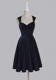 Simple Sweetheart Sleeveless Tea-Length Ruched Dark Navy Taffeta Homecoming Dress