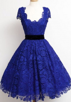 Timeless Scoop Cap Sleeves Royal Blue Lace Homecoming Dress with Black Sash 