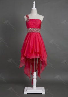 Particular Design One Shoulder Asymmetry Red Chiffon Homecoming Dress with Beading Waist