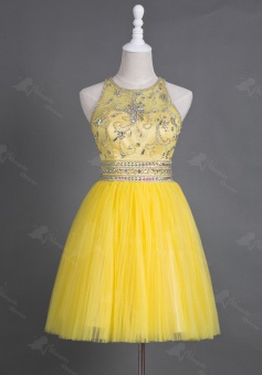 Saucy Jewel Sleeveless Short Yellow Homecoming Dress with Beading Illusion Back