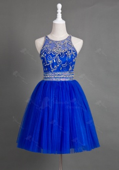 Saucy Jewel Sleeveless Short Royal Blue Homecoming Dress with Beading Illusion Back