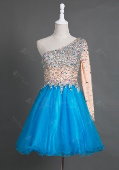 Stunning One Shoulder Long Sleeve Short Blue Homecoming Dress with Beading